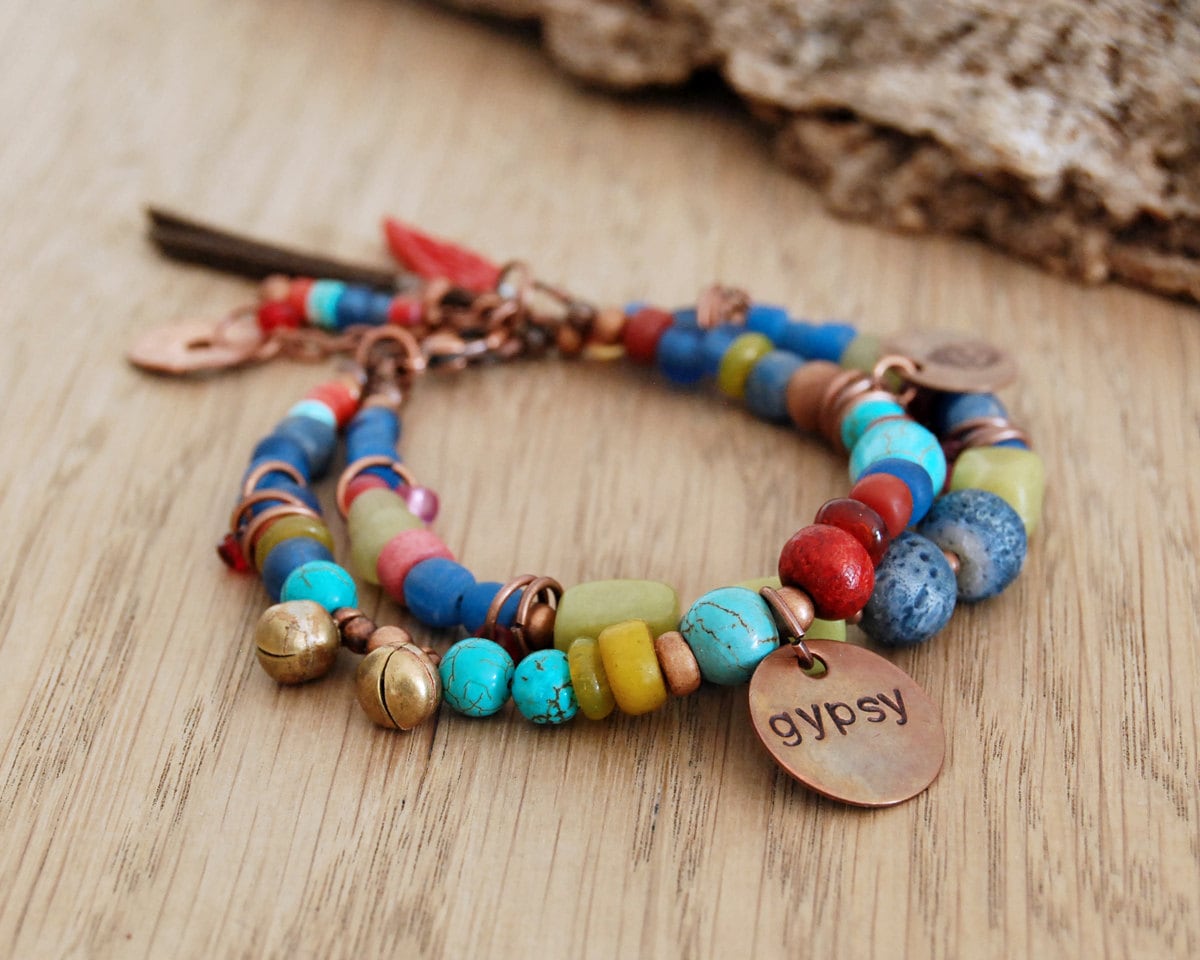 gypsy bracelet with charms and bells hippie bracelet boho