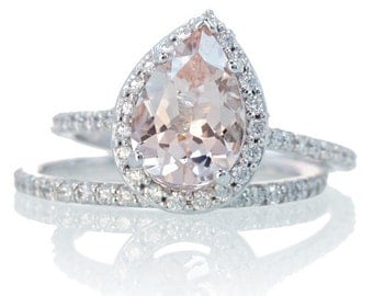 bridal set with matching band morganite engagement ring 14k white gold pear cut diamond halo morganite - Morganite Wedding Ring bridal set with matching band morganite engagement ring 14k white gold pear cut diamond halo morganite - Morganite Wedding Ring