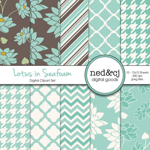 Digital Scrapbook Paper Pack Lotus in Seafoam by nedandcjdigital
