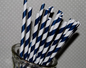 paper straws - 25 NAVY BLUE stripe straws barber striped paper drinking straws - with FREE Flags / Pendants template vintage party straws