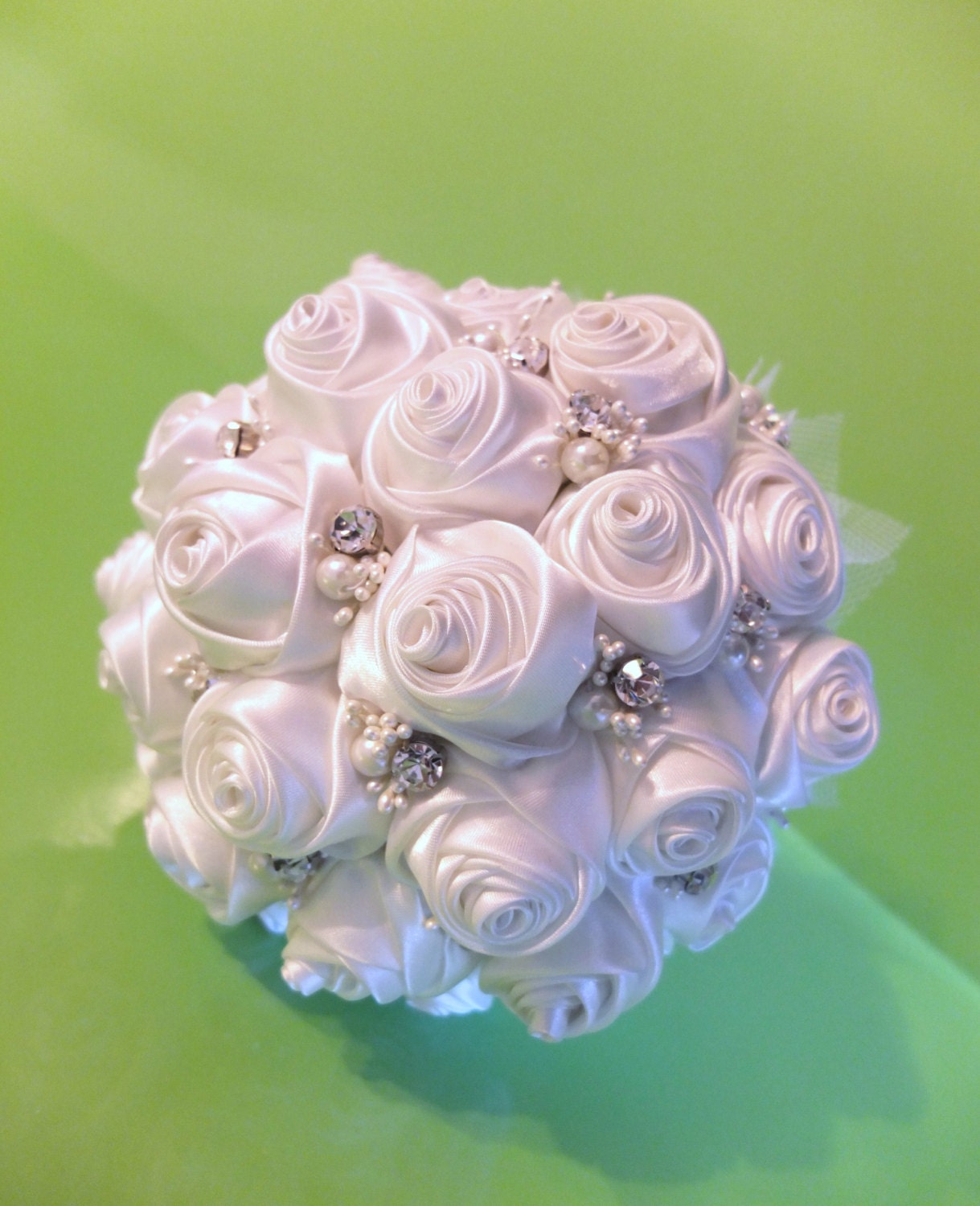 Handmade Ribbon Rose Bouquet- White rose accented with rhinestone (Large, 9 inch)