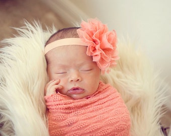 Newborn headband, Peach Chiffon and Lace Flower Headband, Newborn headband, Toddler headband, Newborn Photography Prop.