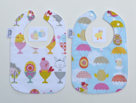 2 Easter Bibs with cute chicks, bunnies, lambs and eggs. Triple layered fits 3 months to 2 years
