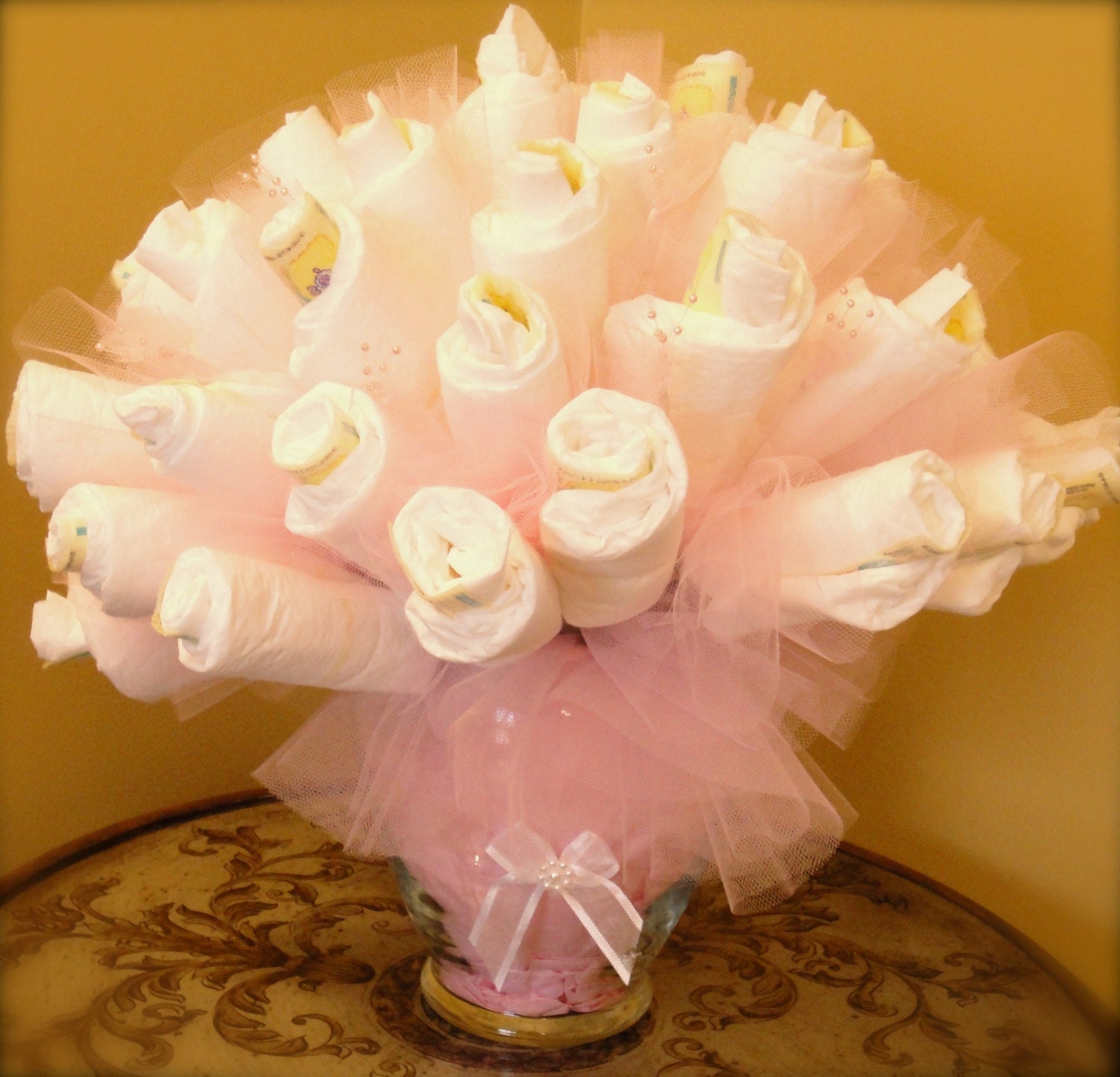 Diaper Cake Bouquet Pink Baby Girl Diaper by DomesticDivaDesignz