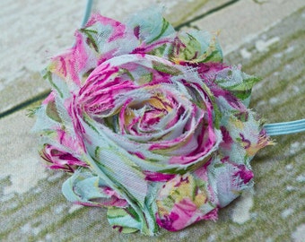 CONVO Me ABOUT SALE: Blue Country Garden Shabby Chic Flower on a Skinny Elastic Headband, Newborn Headband, Toddler Headband, Many Colors