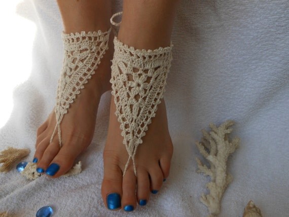 Crochet Barefoot Sandals Beach Wedding Yoga Shoes Foot Jewelry Ivory