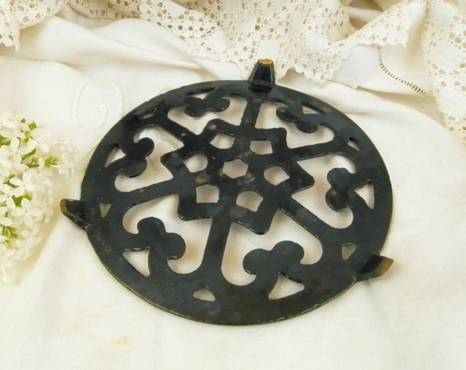 Vintage French Cast Iron Black Enamelware Trivet / Hot Plate / Heat Mat, Country Kitchen Decor from France, Retro Enamel Kitchenware
