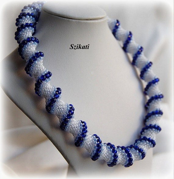 Beadwoven white & blue seed bead necklace, Cellini Spiral, OOAK