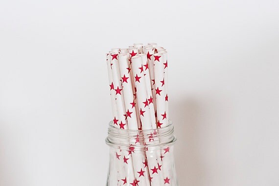 25 Red Stars Paper Straws Striped Retro Vintage Style Carnival Wedding table setting Birthday Bridal Baby Shower Il_570xn