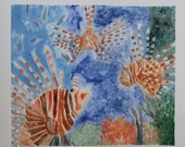Lionfish on a Coral Reef LARGE Color Monotype Ink Print - "The Invasion"