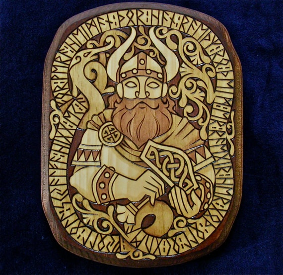 Thor with Mjollnir with inscription in Runes wood by ladybuckthorn