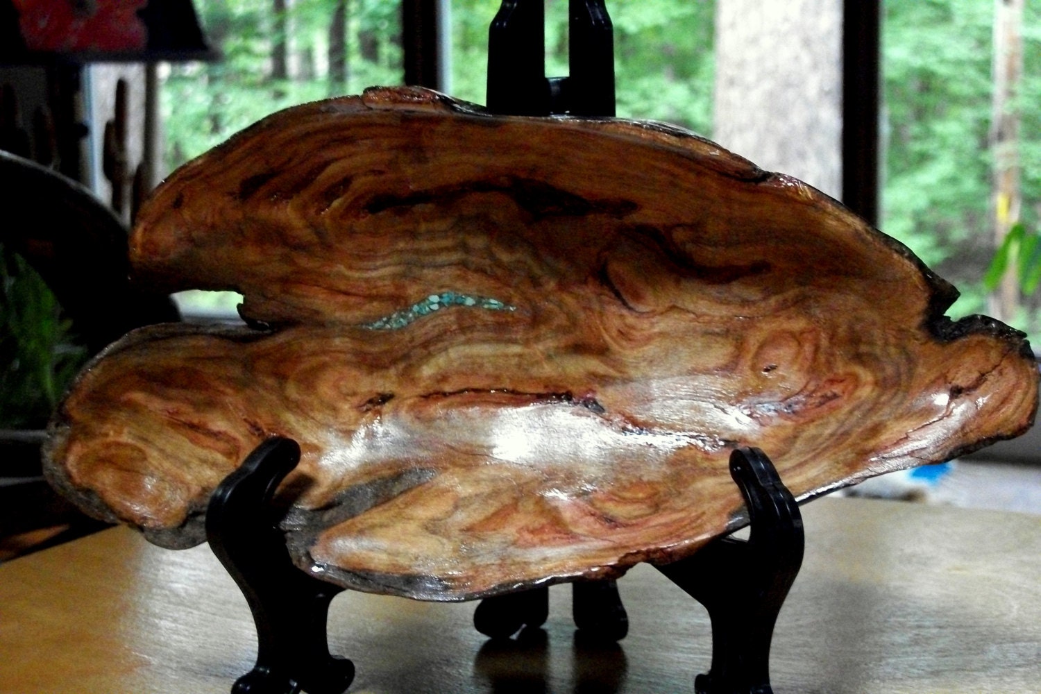 Hand Carved Poplar Wood Burl Bowl with Turquoise inlay. Art