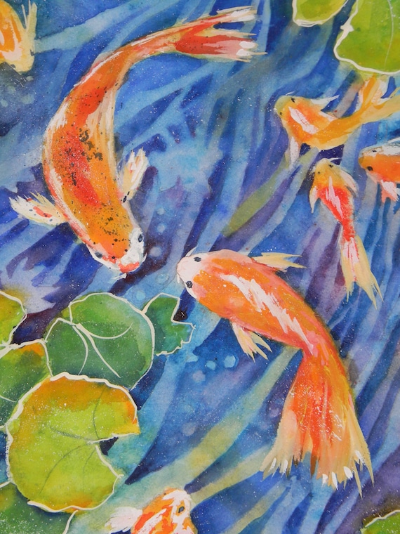 Original Koi Fish Pond Watercolor by Sally Tia Crisp Orange