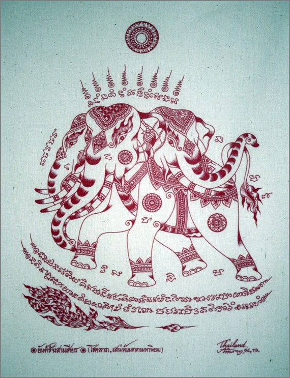 Thai traditional art of Erawan by silkscreen printing on Natural colors cloth (Red)