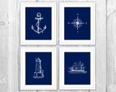 Navy Nautical Set of 4 Art Prints - Navy Blue & White Anchor, Compass, Lighthouse, Sail Boat Ship - Modern Beach House Bathroom Decor