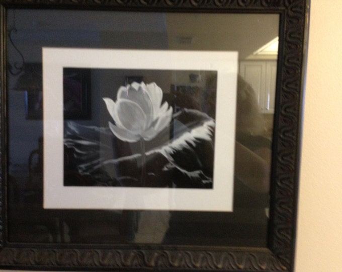 9 x 12 Black and White Lotus Flower and Leaf, Double Matted in a 18 x 20 Black Frame