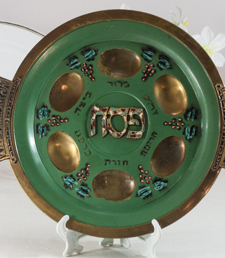 Seder Plate Brass Passover Tray Vintage Green Pesach Plate