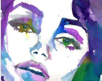 Isabella by Jessica Buhman, Print of Original Watercolor Painting, 8 x 10 Dramatic Vogue Purple Green Blue Pink