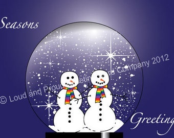 Two Snowmen in water globe with rainbow scarves