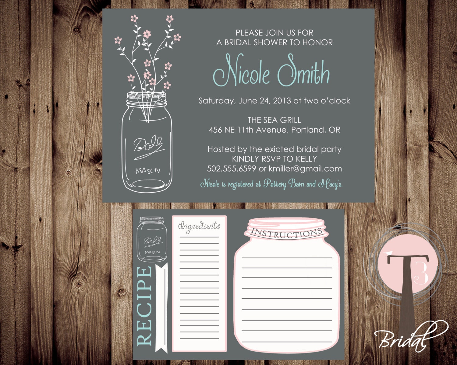 Printable Bridal Shower Invite And Recipe Card Bridal By T3designsco