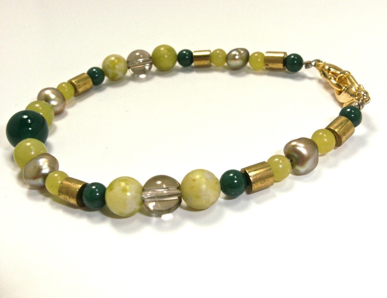 Emerald Green Jade and Olive Jade Bracelet with Smokey Quartz