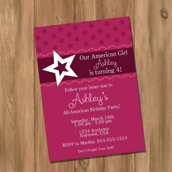 American Doll Girl Birthday Party Invitation Digital DIY