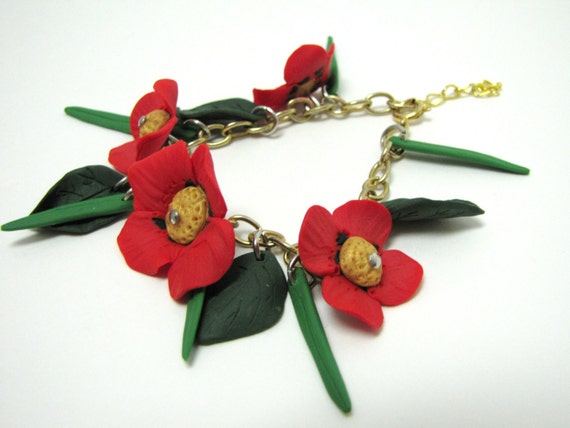Polymer poppy leaf and grass charm bracelet on gold chain