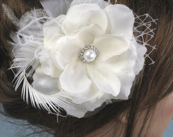 Ivory(White) Bridal Flower Hair Clip Wedding Accessory  Crystals Feathers Pearl Vail