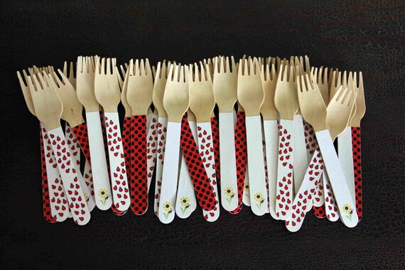 24 Wooden Forks or Spoons- Ladybug Il_570xn
