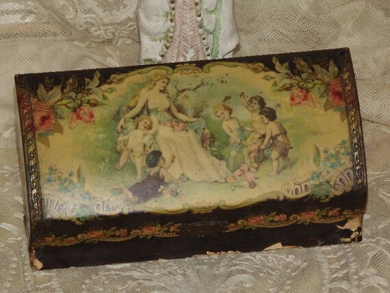 ANTIQUE Victorian Lady & Cherubs Celluloid DRESSER Jewelry Box