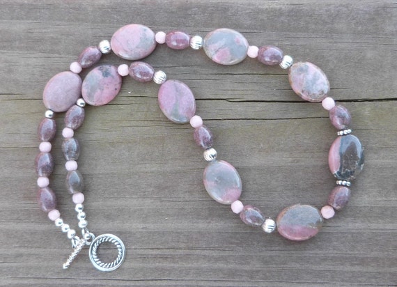 Rhodonite Natural Gemstone/Stone and Vintage (1930's) West Germany Cheyenne Pink Rose Glass Bead Necklace - 'Shimmering Wild Rose'