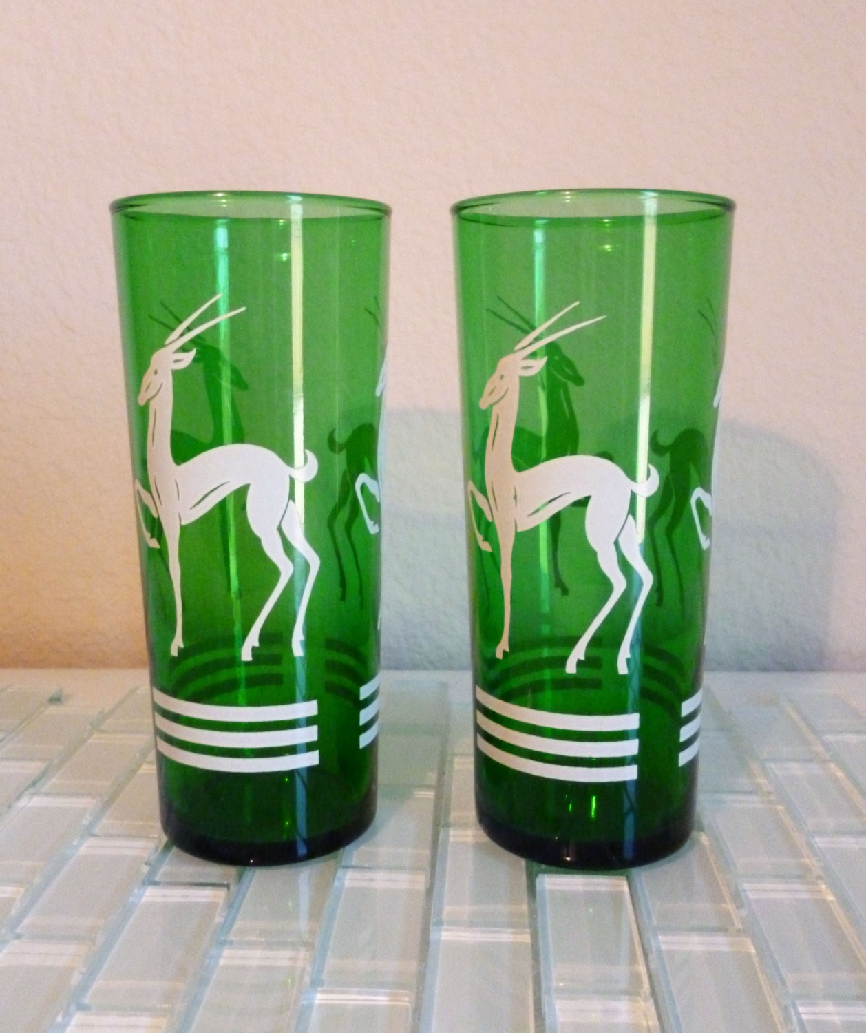 Vintage Glassware Fire King Glasses Emerald Green Art Deco