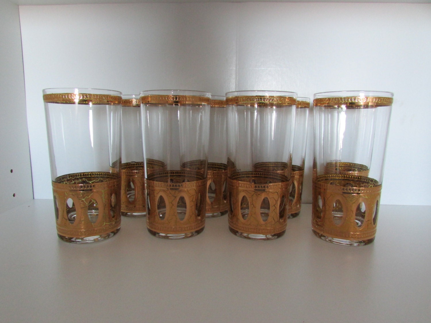 Set of 8 Culver Ltd. High Ball Glasses in Gold Antigua 22 kt