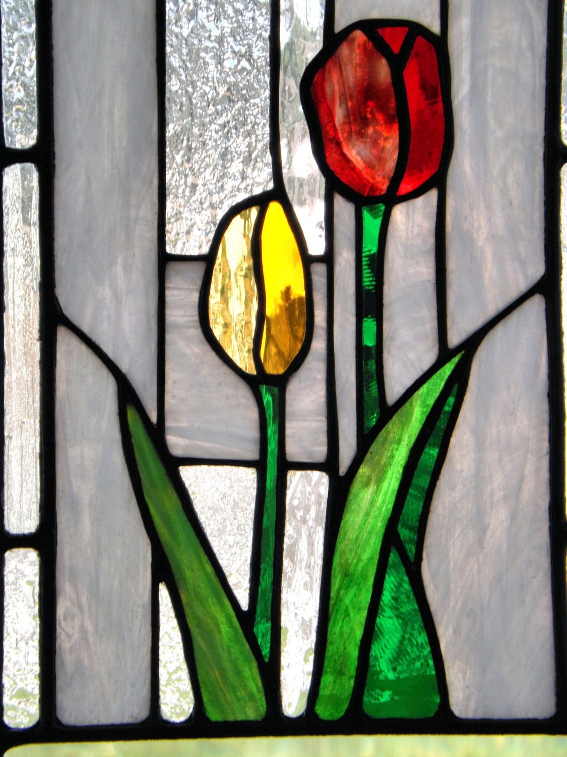 Stained Glass Panel Red Yellow Tulips Flower Home Window