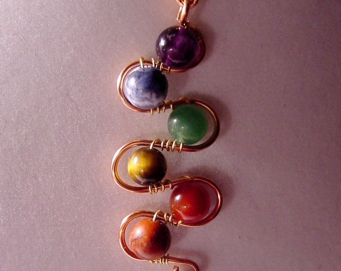 7 Chakra Pendant Copper Wire Wrapped, Semi Precious Gemstones, Balance, Harmonize Energy Centers, Reiki Jewelry, Yoga Jewelry, Gift Idea