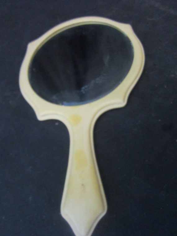 REDUCED 50Vintage Bakelite Hand Held Vanity Mirror Beveled