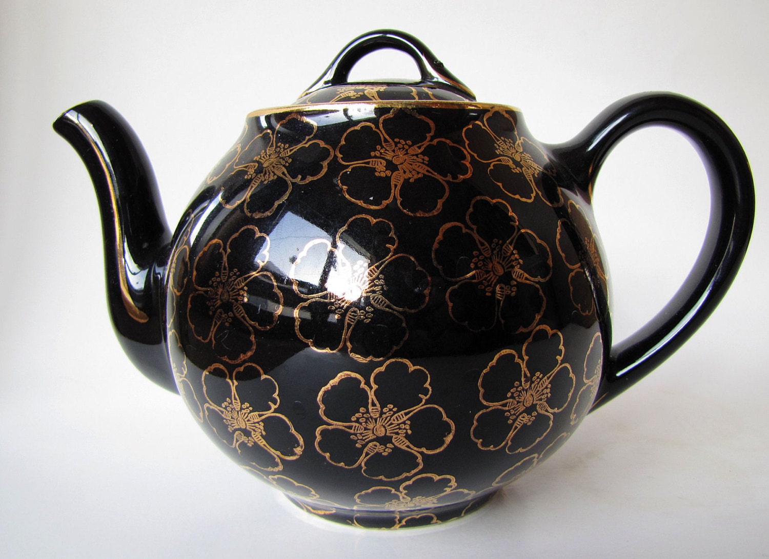 Black Hall teapot with gold floral accent