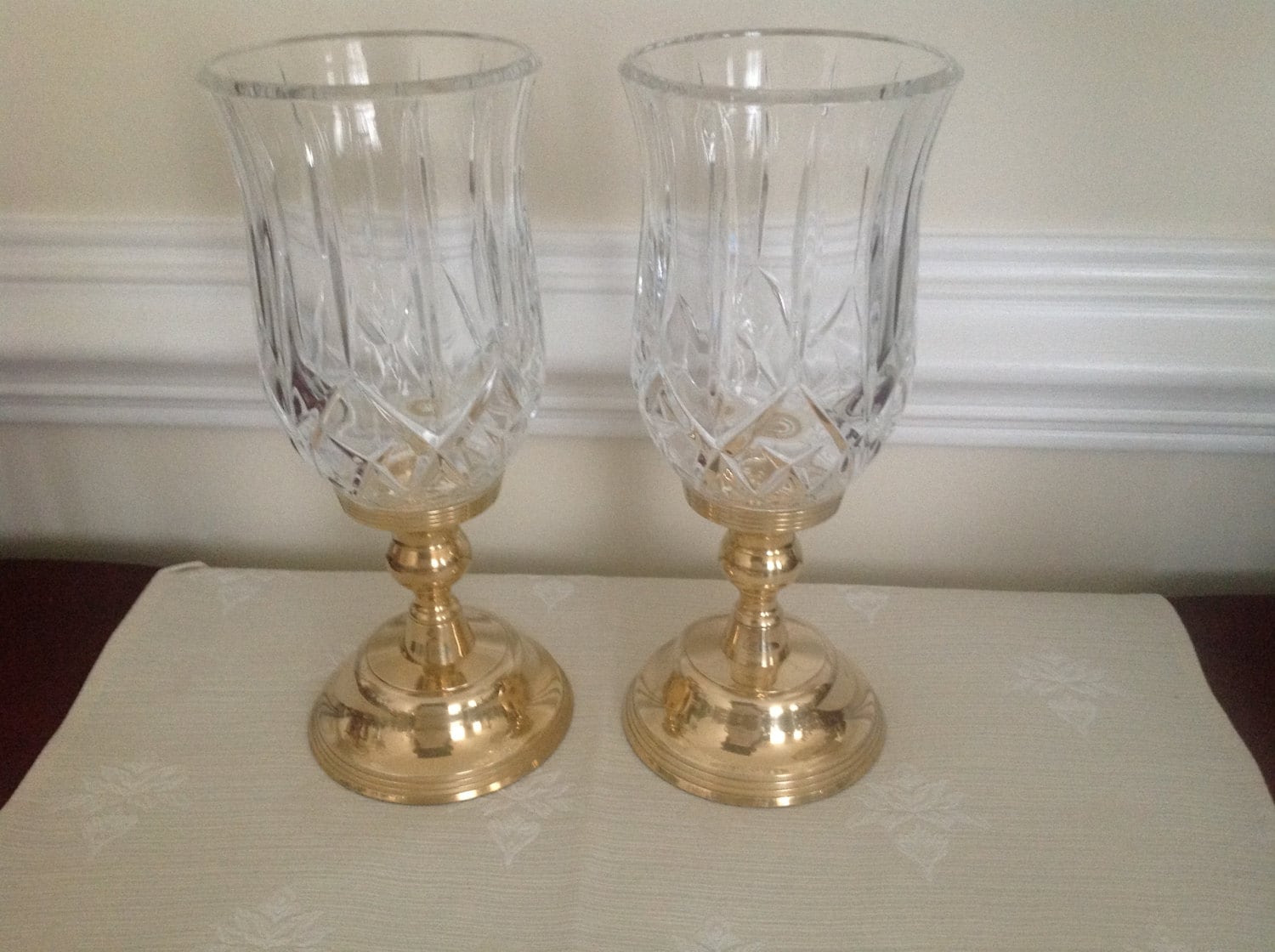 St Georges Crystal and Brass Hurricane Candle Holders