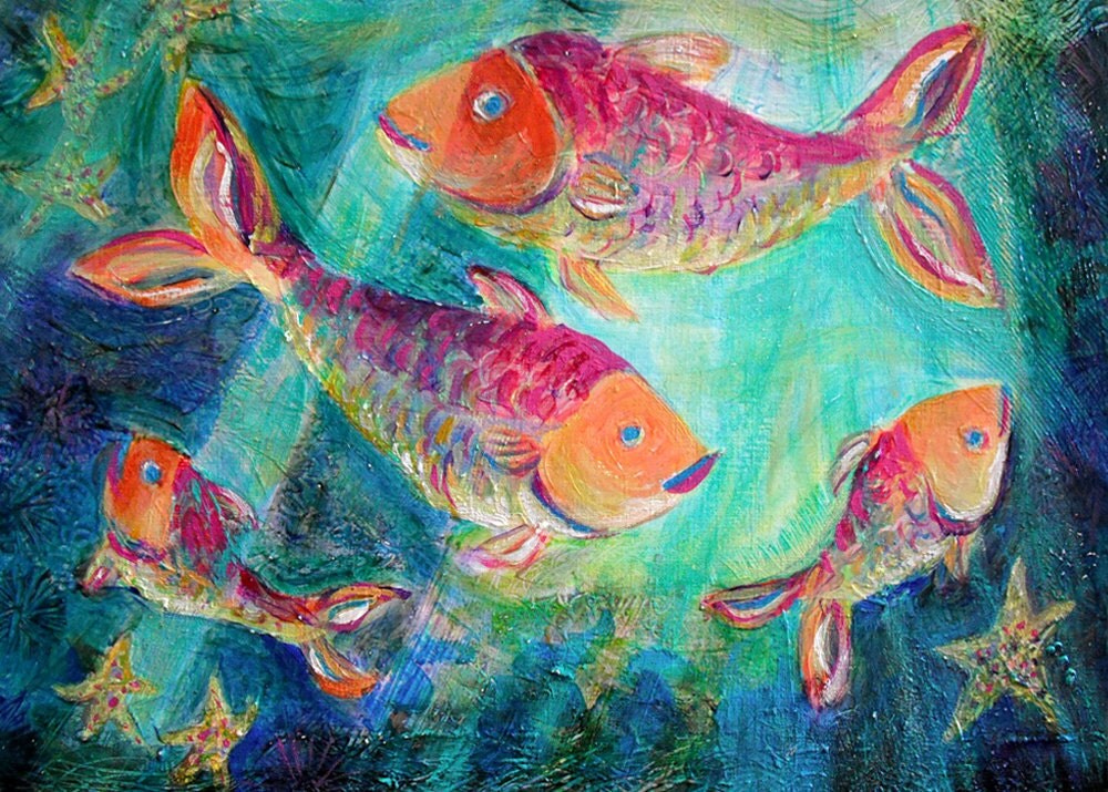 Four Fish Swimming Art Print 10 x 14 by HenisHappyPaintings