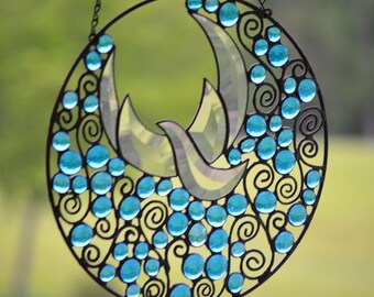 Religious Stained Glass Window. 12" Round. 'Fly Away'