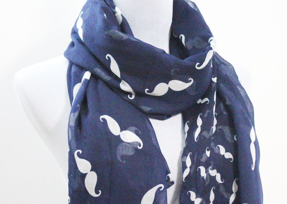 Navy Blue Mustache Scarf White Beard Scarf by Dailyaccessoriez
