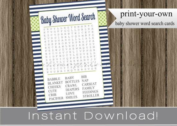 Baby Shower Word Search game cards boy navy blue and green INSTANT DOWNLOAD diy printable digital file print your own , babyshower Il_570xn