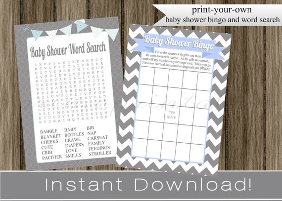 Light Blue and Gray Baby Shower Games / baby boy / Bingo and Word Search Cards / chevron / INSTANT DOWNLOAD / diy printable files Il_570xn