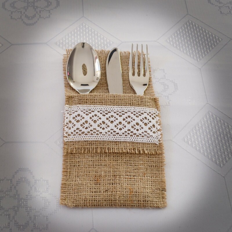 Wedding Table Setting Burlap Flatware Holder Silverware