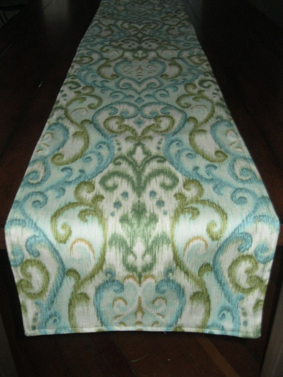 Modern Damask Table Runner Blue and Green