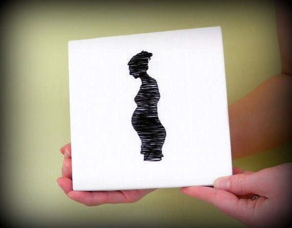 Personalized Keepsake // Custom Portrait // Hand Embroidered Silhouette on stretched linen of Pregnant Mother // 6" x 6" x 1"