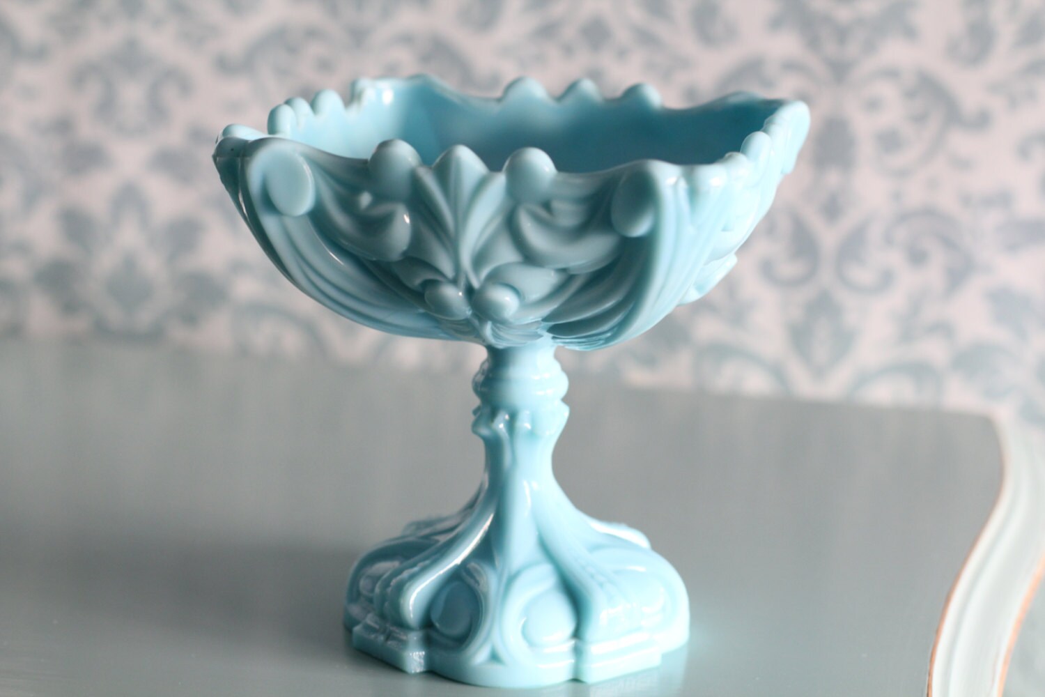 Blue Milk Glass Compote Candy Dish / Wedding by RocheStudioVintage