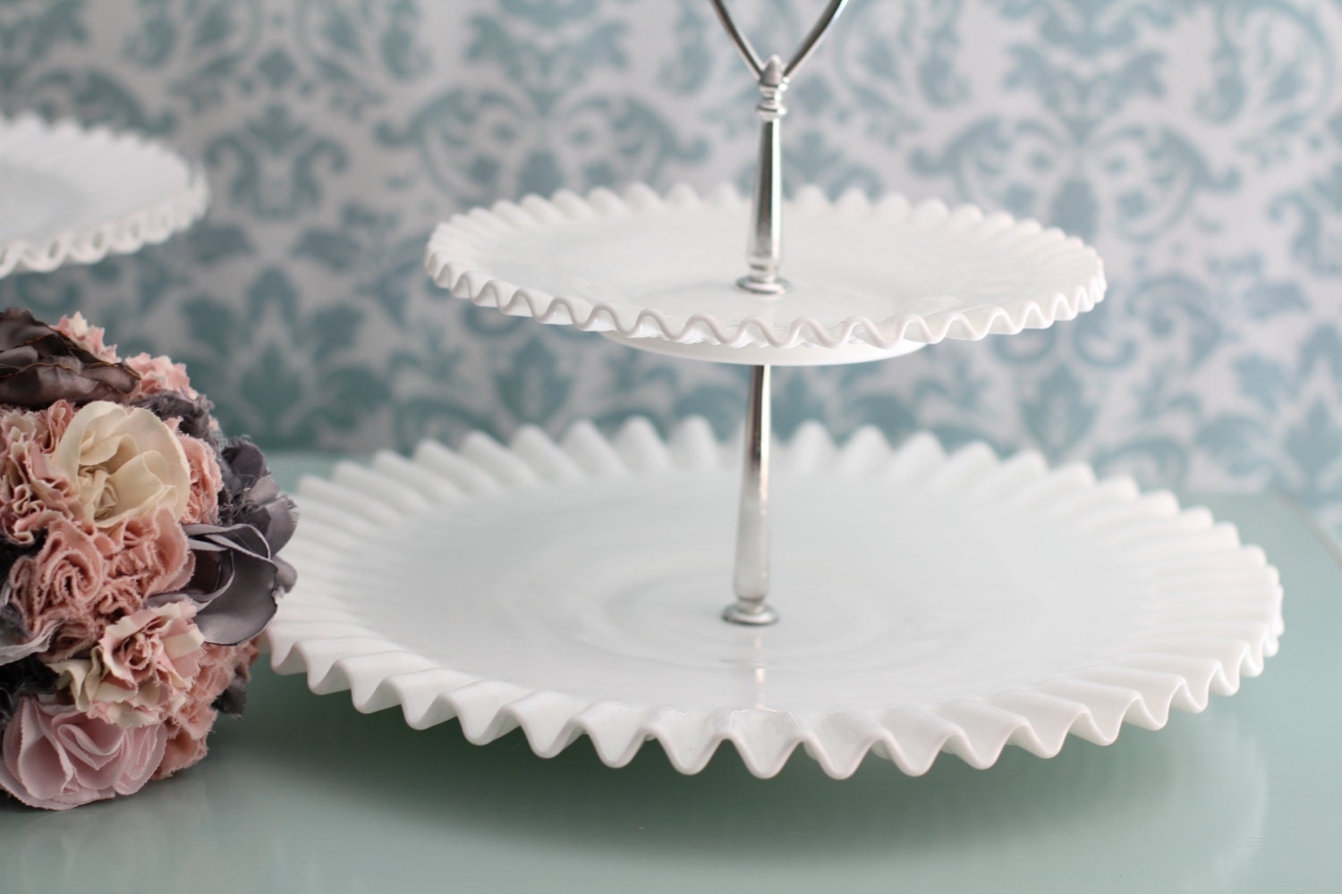 Milk Glass Cake Stand / 2 Tier Milk Glass Tidbit Tray