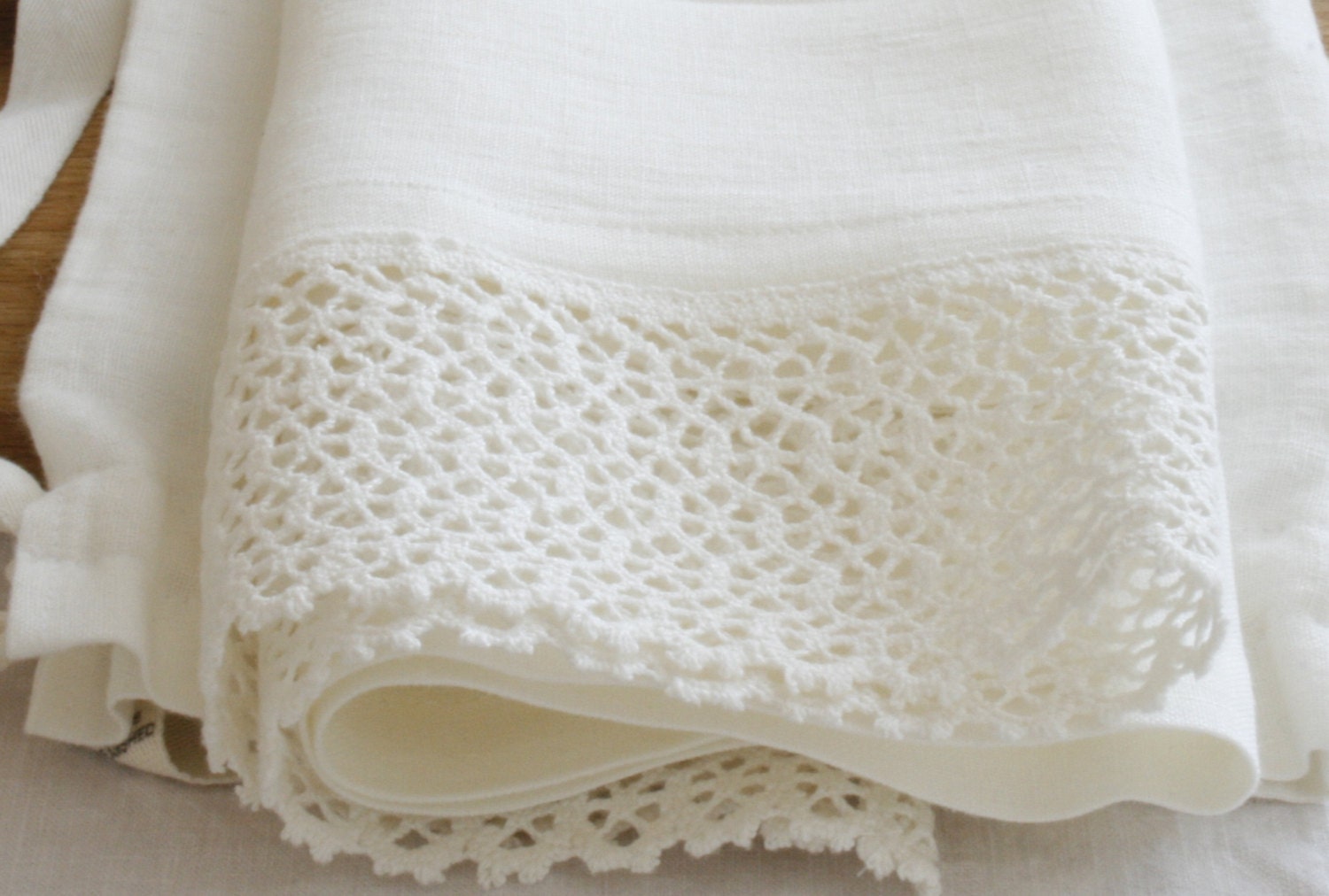 Linen tea towel with french lace pure linen with linen