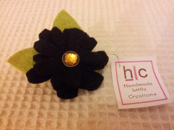 Adjustable Handmade Felt Black Flower Brooch With Leaves By Handmade Little Creations